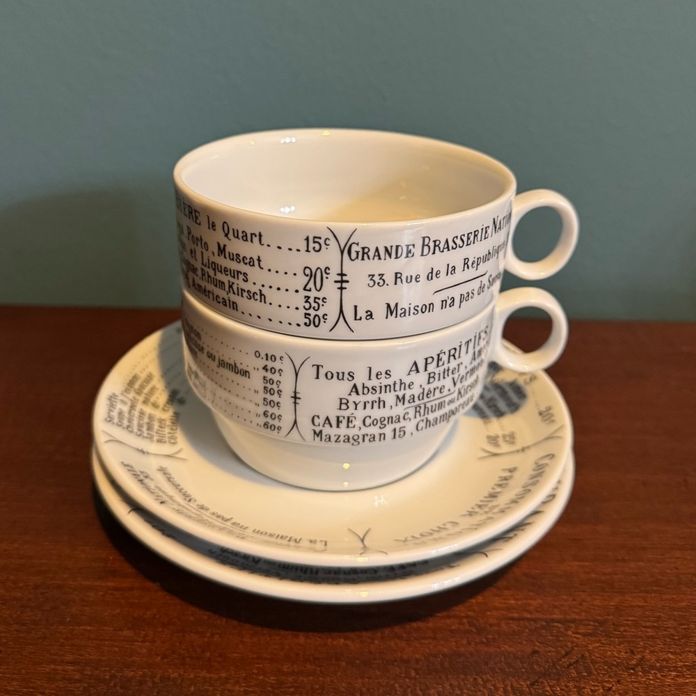 Set Of 2 Pillivuyt Brasserie Flat Breakfast Cup & Saucer, France, stackable Rare
